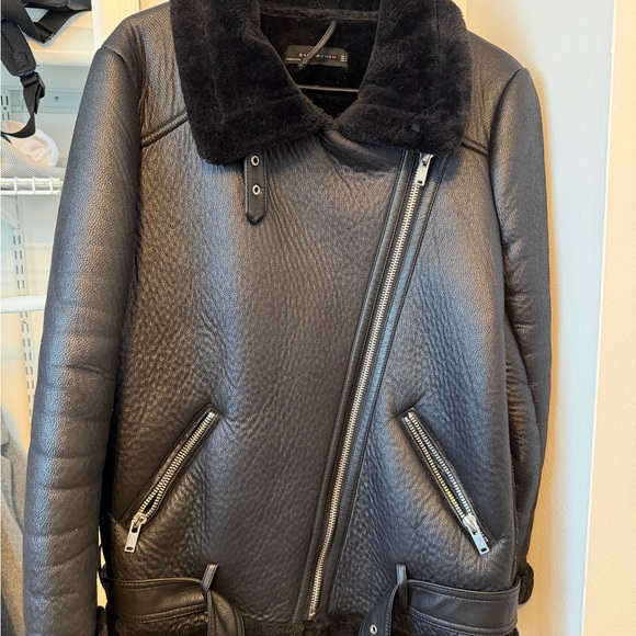 Zara Black Leather Jacket with Shearling Collar - Picture 6 of 8